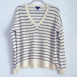 J. Crew merino wool blend V neck striped pullover knit sweater sz L